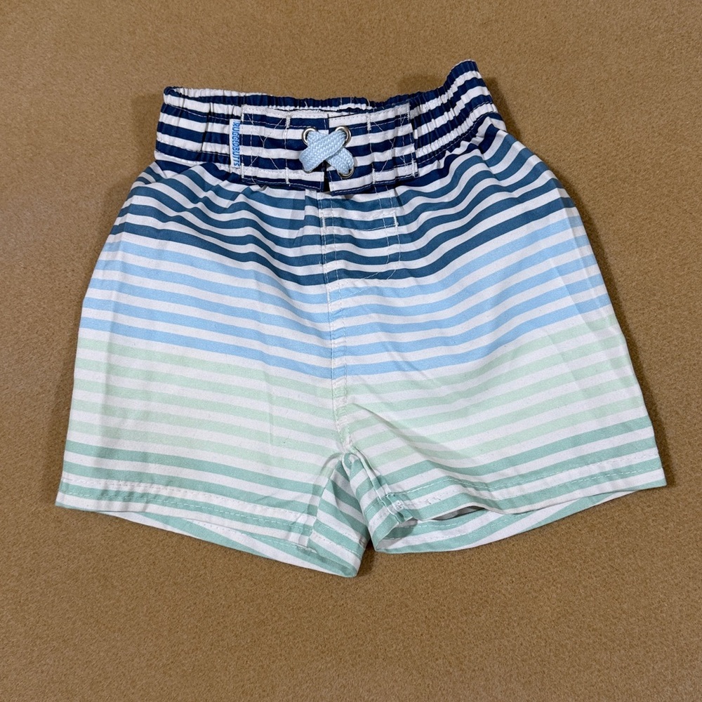 RUGGEDBUTTS BABY BOY COASTAL STRIPED SWIM TRUNKS + BNWT CARTERS T-SHIRT 12-18M